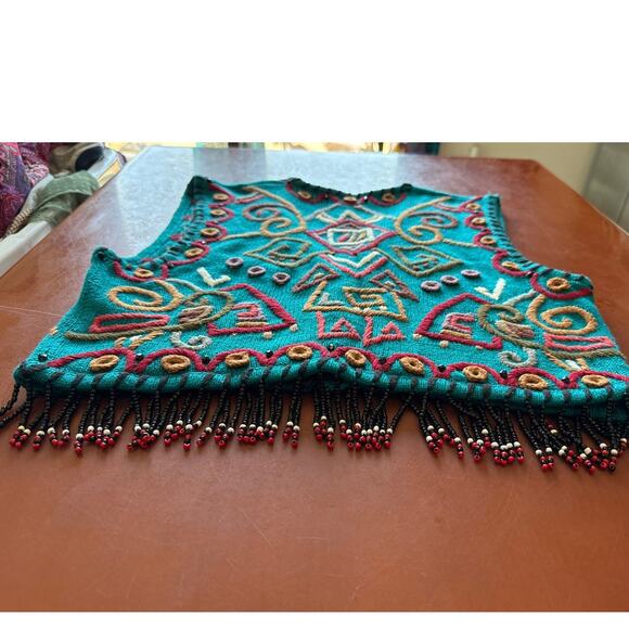 Vintage Knit Vest L Rafia Teal Geometric Beaded Fringe Boho 80s 90s Rare - Picture 7 of 7